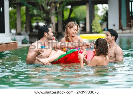 friendship lifestyle to happy fun in summer vacation holiday, young caucasian woman and man friend group in swimming pool water party, female person in swimwear bikini, outdoor enjoyment smiling girl
