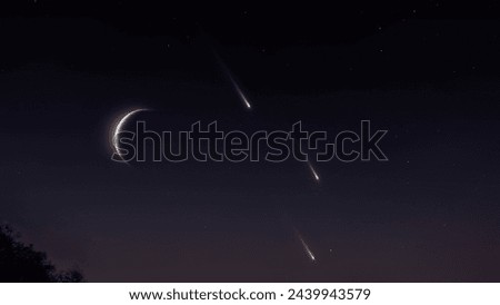 Fireballs at night. Moon and meteors. Shooting stars next to the New Moon. Astrophotography of a meteor shower.