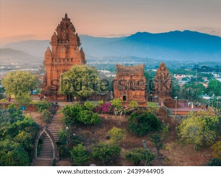 Aerial view of Cham towers, Po Klong Garai, Ninh Thuan province, Vietnam. Travel and landscape concept
