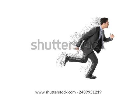 The Time running out. Businessman dissolving during his run isolated on white background