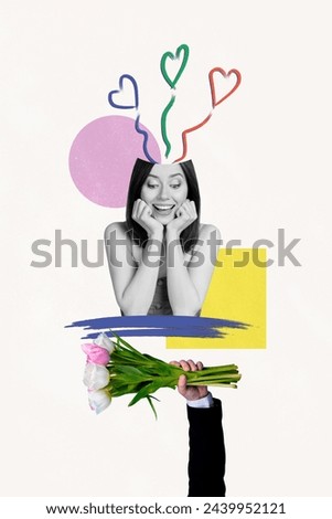 Vertical photo collage picture happy young girl receive get flowers womens day springtime holiday celebration greeting congratulations