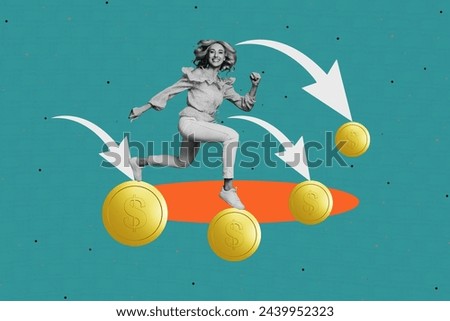 Composite photo collage of young happy girl curls hairdo run arrow chart cash money income earnings graph isolated on painted background