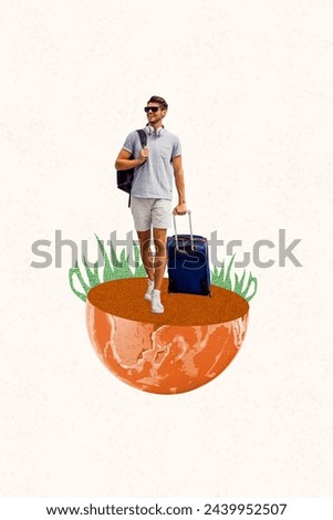 Composite sketch image trend artwork 3D photo collage of handsome young guy carry baggage walk on half earth summer tour vacation Royalty-Free Stock Photo #2439952507