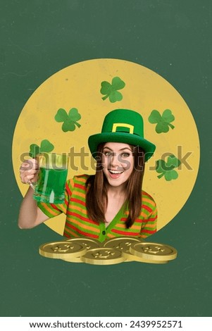 Composite 3D photo collage artwork sketch image of young attractive lady in green hat drink beer glass in hand saint patrik day coin Royalty-Free Stock Photo #2439952571