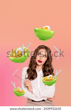 Vertical creative collage picture young gorgeous woman lunch nutrition pasta egg ramen tasty delicious menu order drawing background
