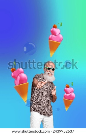 Vertical creative collage picture funky pensioner retired man dessert cherry ice cream meal sugary sweet food pointing showing finger