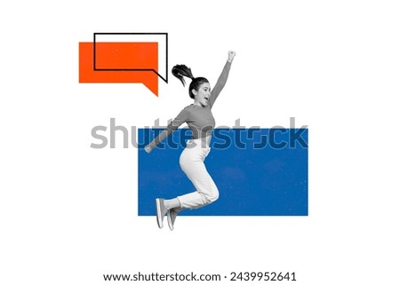 Creative picture collage young happy girl celebrating triumph winner laughter textbox phrases communication white background