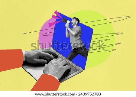 Photo cartoon comics sketch collage picture of excited guy shouting toa inside modern device isolated graphical background