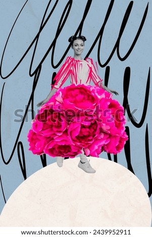 Vertical creative picture collage young pretty walking girl fresh bunch flowers beauty pink dress outfit drawing background