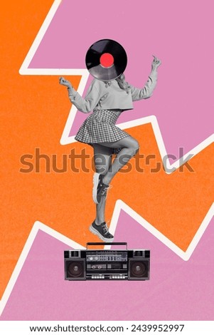 Vertical creative picture photo collage dancing headless young girl entertainment boombox audio playlist player party disco rhythm weekend
