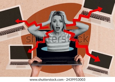 Creative collage image picture young shocked girl stupor fear emotional reaction trouble problem laptop digital device charts arrows direction