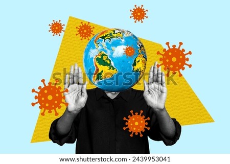 Composite image collage of human instead head earth planet hands protect virus pandemic covid illness attack isolated on colorful background