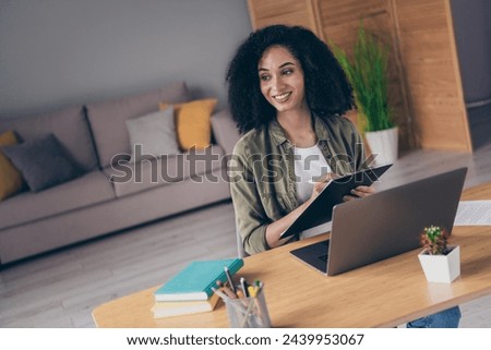 Photo of cheerful positive lady coach dressed shirt creating study program modern gadget indoors workshop workplace workstation