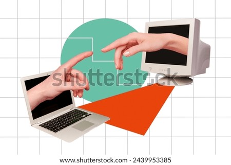 Creative image collage picture human hands try touch reach each other computer remote wireless distance communication screen