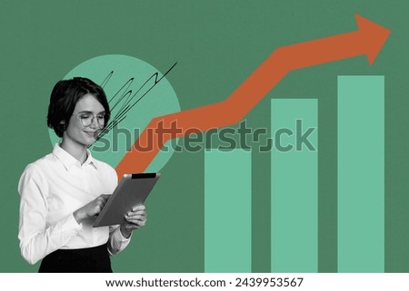 Photo collage artwork minimal picture of happy smiling lady enjoying income growth isolated green color background