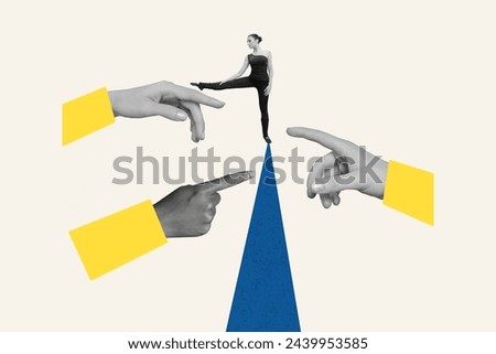 Creative collage photo standing young woman dancer ballerina public arms fingers pointing shaming harassment drawing background Royalty-Free Stock Photo #2439953585