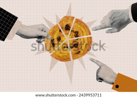 Collage picture of black white colors people arms point finger hold cut pieces sweet bun isolated on checkered background