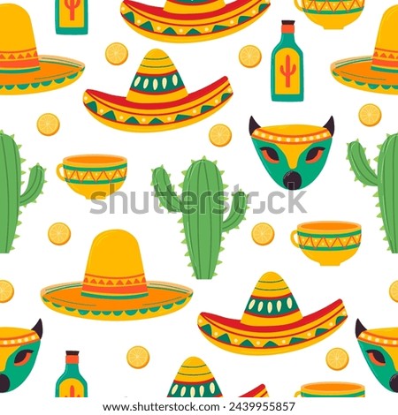 Mexican style pattern. Sombrero, cactus, cinco de mayo