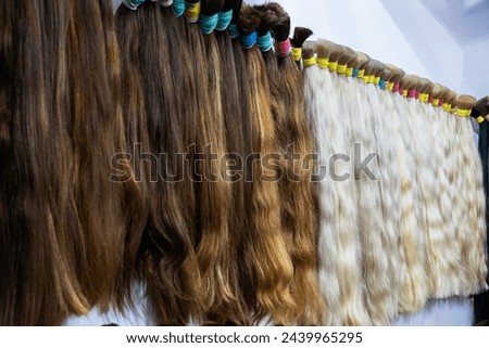 Diverse assortment of hair extensions, wigs, and accessories in various colors and textures for personal grooming and hairstyling at a beauty salon or industry market shop Royalty-Free Stock Photo #2439965295