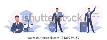 A set of illustrations on the theme of law, justice, legal services of a lawyer and defense in court. A man in a suit near the courthouse with scales, a shield and a book of laws in his hand.