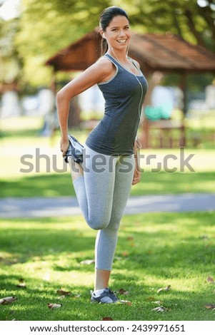Park, leg and portrait of woman with stretching for health, cardio and music for workout motivation. Nature, athlete and smile with balance for fitness, training and headphones for exercise podcast