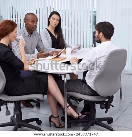 People, paper or feedback on business, sales or work performance by human resources management team. Businessman, worker or document as corporate, review or professional communication in office
