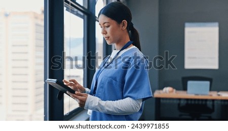 Healthcare, nurse and tablet in hospital with thinking for treatment results, medical research or information. Woman, planning and digital technology for telehealth, online diagnosis or consultation