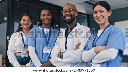Healthcare, diversity and smile with doctors in hospital together for support, trust or treatment. Portrait, medical and team with professional medicine people in health clinic for collaboration
