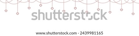 Red hearts hanging on strings garland, bunting, horizontal border with copy space illustration. Flat style vector. Abstract geometric design. Love, romance concept. Valentines day, Mothers day banner