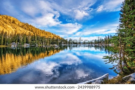 A serene lake surrounded by trees and mountains creates a beautiful natural landscape. The sky is reflected in the calm water, adding to the peaceful atmosphere. Royalty-Free Stock Photo #2439988975