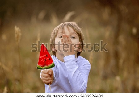 Cute child, beautiful blond boy, eating watermelon lollipop in the park on sunset, beautiful spring weather outdoors Royalty-Free Stock Photo #2439996431