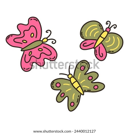 Three beautiful butterflies in green and pink colors. Vector isolated illustration hand drawn doodle. Cute moths set. Clip art, icon or card. Spring and summer season