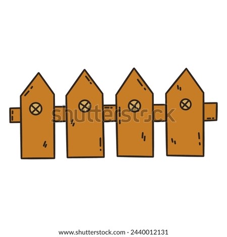 Small wooden brown fence for garden or house with triangular tops. Colorful vector isolated illustration doodle hand drawn. Rustic old fence clip art or icon