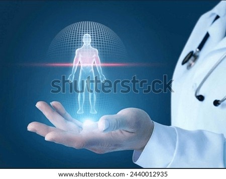 Doctor with a hologram of the human body on his hand. Royalty-Free Stock Photo #2440012935