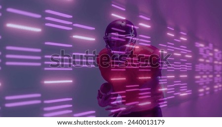 Image of neon lines over american football player on neon background. Sports, competition and communication concept digitally generated image.