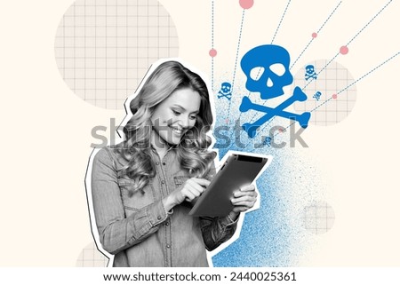 Composite photo collage of young girl smile hold tablet hacker cyber attack skull scammer internet user isolated on painted background