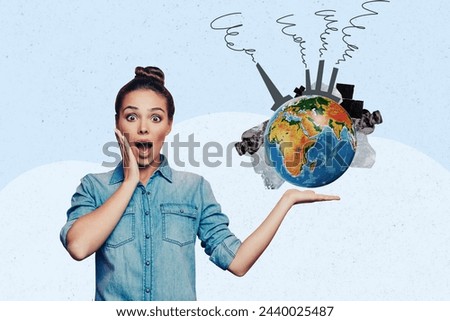 Creative collage picture young astonished girl showing planet earth globe chimney toxic air pollution manufacture nature catastrophe
