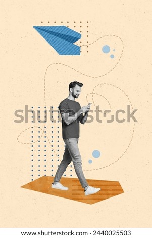Sketch image composite trend artwork photo collage of black white silhouette active man hold in hand phone type sms conversation flight