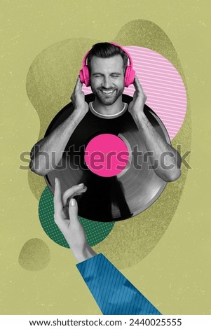 Collage artwork picture of happy smiling man listening music playlist melody chill rhythm vinyl disc isolated on creative background