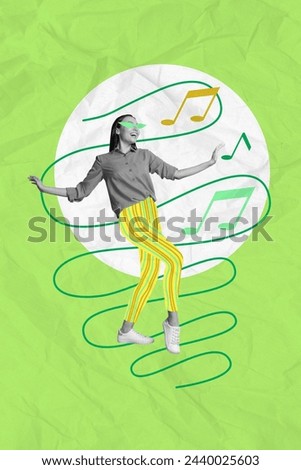 Vertical collage picture dancing happy carefree young girl celebrate joyful time music listener meloman green glasses drawing background