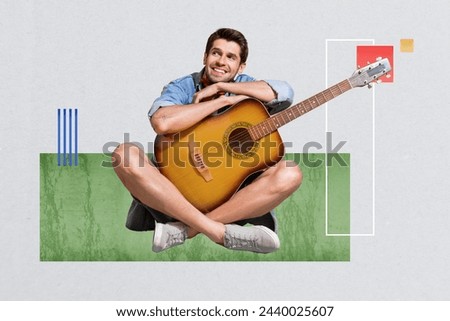 Composite collage picture image of funny male look empty space listen music have fun play guitar musician fantasy billboard comics zine