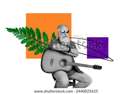 Creative picture collage senior pensioner man guitarist player acoustic instrument green leaf environment drawing background