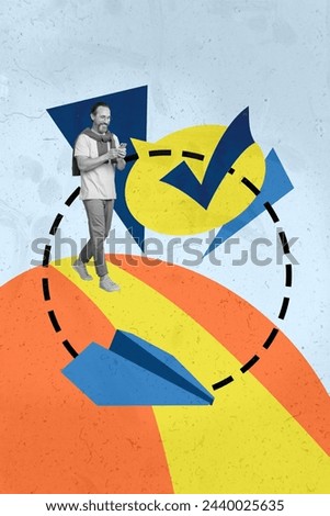 Vertical collage picture mature man walking type message sms paper airplane correspondence messenger app smartphone drawing background