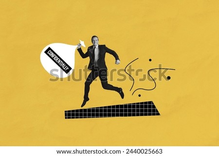 Creative photo picture collage running businessman steal bag data confidentially information loss protection drawing colored background