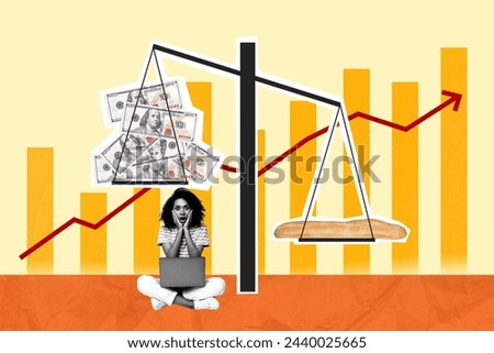 Sketch image composite trend artwork 3D photo collage of young shocked lady hold laptop sit at huge scales pile dollar money high bread