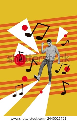 Vertical creative collage picture happy funky man excited dancer party disco note music listener festive event weekend relaxation