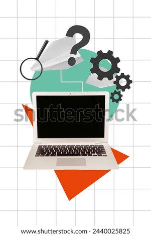 Vertical photo collage of modern macbook laptop computer paper plane origami settings gear mechanism author isolated on painted background