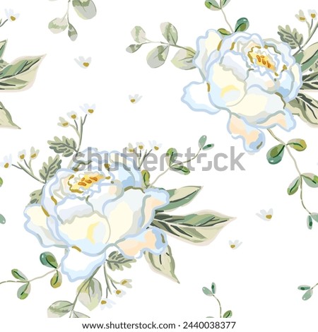 Rose flowers, green leaves, white background. Floral illustration. Vector seamless pattern. Botanical design. Nature garden plants. Summer bouquets