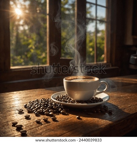 A tiny mug, barely a cup, sits nestled on a worn wooden table. Sunlight spills in, warming the scene. A single coffee bean, a dark speck beside it, completes the picture. Quiet comfort in a small cup.