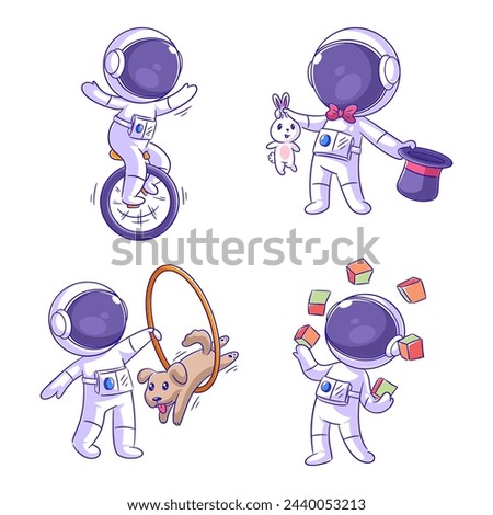 Cute astronaut turned magician, cartoon style set